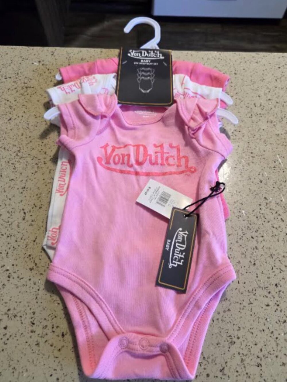 Von Dutch Baby 3-Piece Bodysuit Set – Pink & White – Size 3M